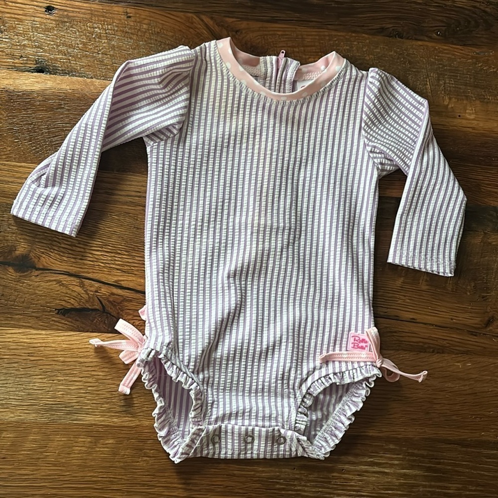 RuffleButts SeerSucker One Piece Rashguard 6-12 mo Swim Beach Long Sleeve UPF
